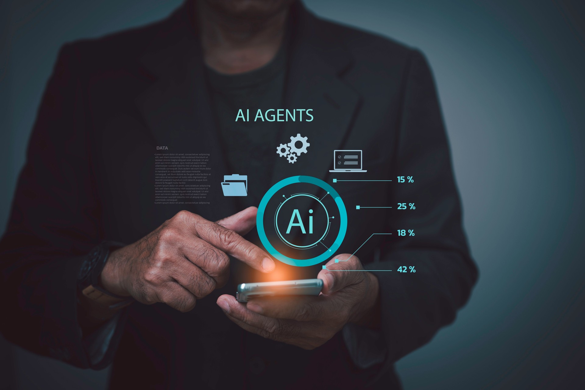 Businessman using smartphone with AI agents interface, digital technology, and data analysis dashboard. Concept of artificial intelligence, automation, innovation, and smart future solutions