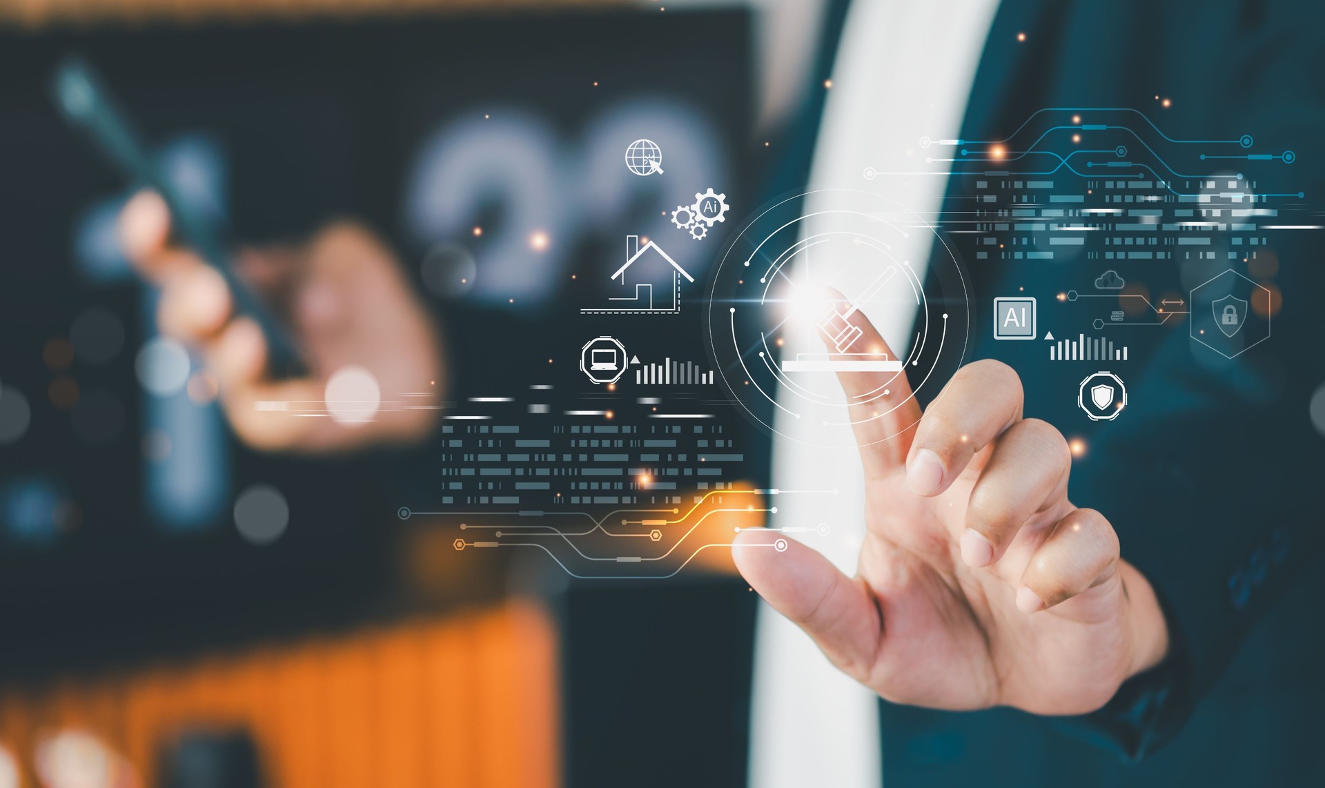 Concept online auction, digital real estate, AI technology. business professional uses holographic icons of gavel, house, and analytics on virtual screen, symbolizing property bidding and innovation.